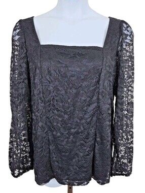 Torrid Women's Size 2 2X 18/20 Black Floral Lace Square Neck Long Sleeve Top